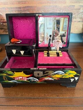 MCM Sankyo Black Lacquer Music Jewelry Box with Ballerina & Man Dancing